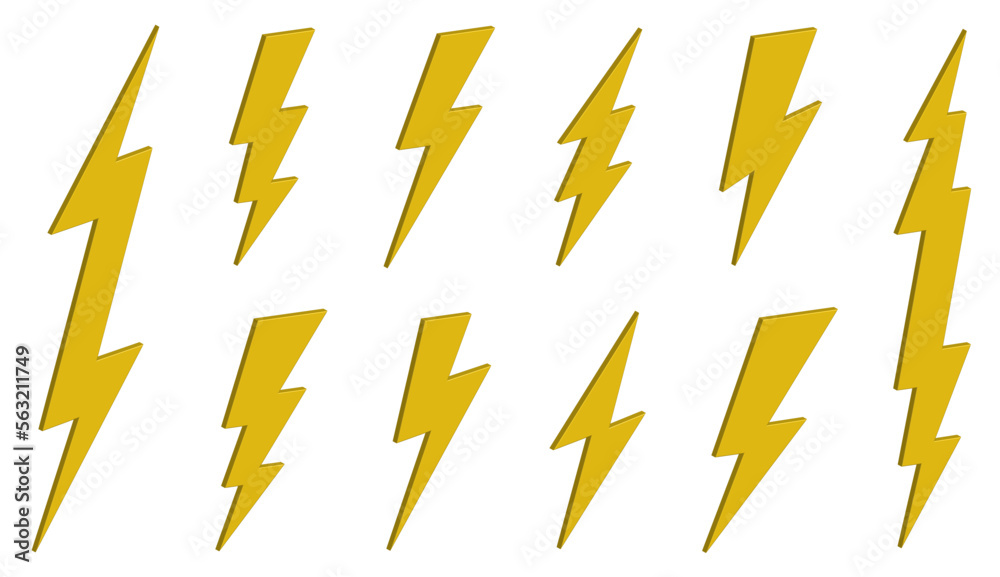 Set of 10 yellow lightnings 3d icons. Thunderbolts icons isolated on white background. Vector illustration Set of 10 yellow lightnings 3d icons. Thunderbolts icons isolated on white background. Vector illustration
