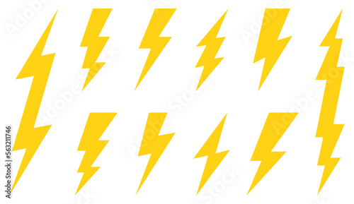 Set of 10 yellow Lightning flat icons. Thunderbolts icons isolated on white background. Vector illustration