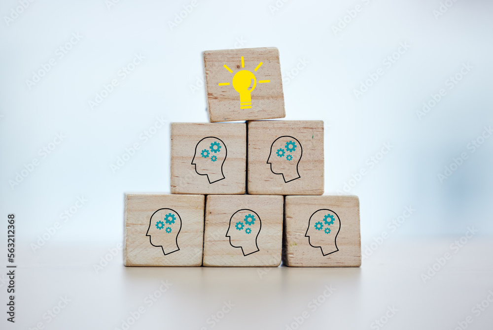 Building blocks, teamwork or brainstorming lightbulb idea on isolated ...