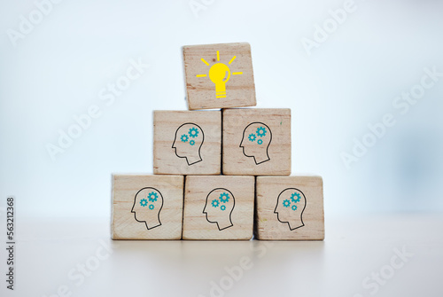 Building blocks, teamwork or brainstorming lightbulb idea on isolated background, mock up or office desk mockup. Zoom, wood or cube in cog head innovation for company thinking or unity growth success