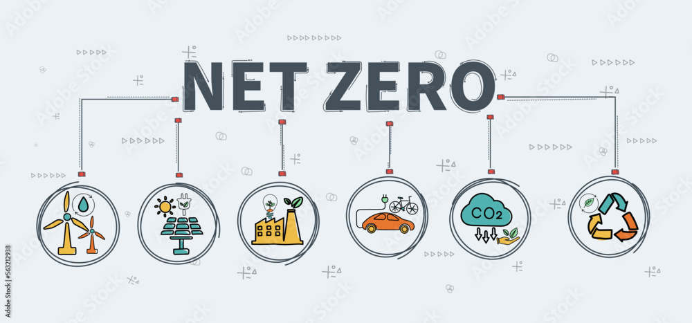 Net zero and carbon neutral concept. Net zero greenhouse gas emissions target. Climate neutral long term strategy with net zero hand draw icon minimal style on circles doodle background.
Net zero and carbon neutral concept. Net zero greenhouse gas emissions target. Climate neutral long term strategy with net zero hand draw icon minimal style on circles doodle background.