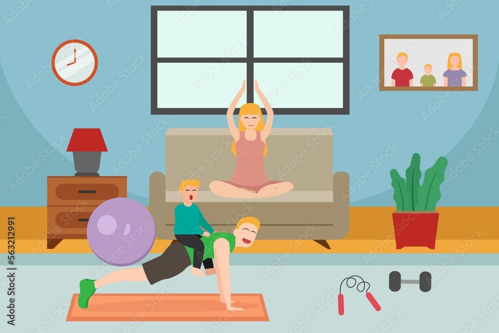 Happy family doing exercise at home