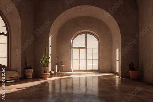 Modern Spanish style interior entryway foyer with morning light plants at dawn Made with Generative Ai