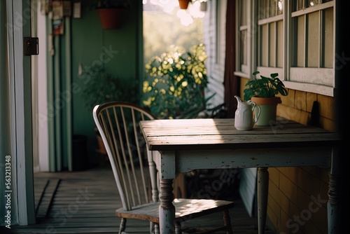 Empty wooden table at house porch at lovely evening perfect for background design or photography  generative ai