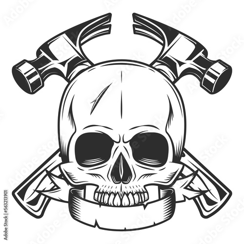 Builder crossed hammers from new construction and remodeling house business with skull and ribbon in monochrome vintage style illustration
