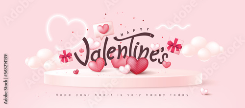 Valentines day background with Heart Shaped Balloons and text design on podium display