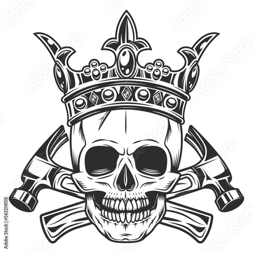 Skull with crown royal builder crossed hammers from new construction and remodeling house business in monochrome vintage style illustration