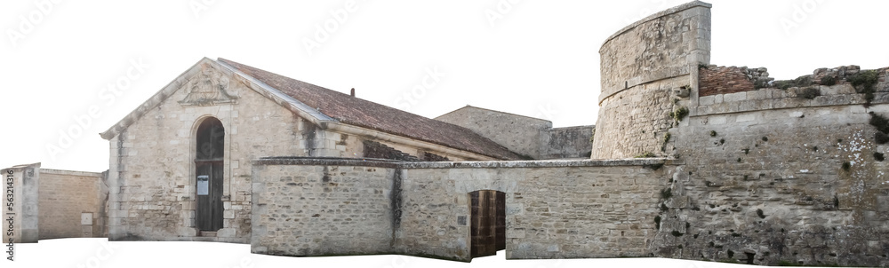 Isolated PNG cutout of a fortified medieval building on a transparent background, ideal for photobashing, matte-painting, concept art