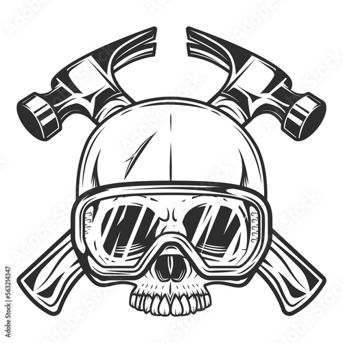 Business builder crossed hammers from new construction and remodeling house with half skull and safety glasses in monochrome vintage style illustration