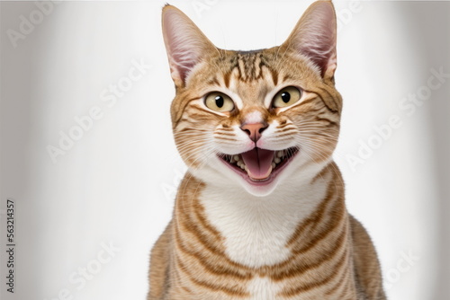 closeup a cat is smiling on white background, Made by AI,Artificial intelligence