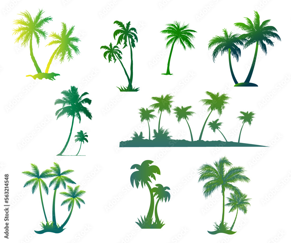 Obraz premium Tropical Palm Trees Green Gradient Vector Icon Set