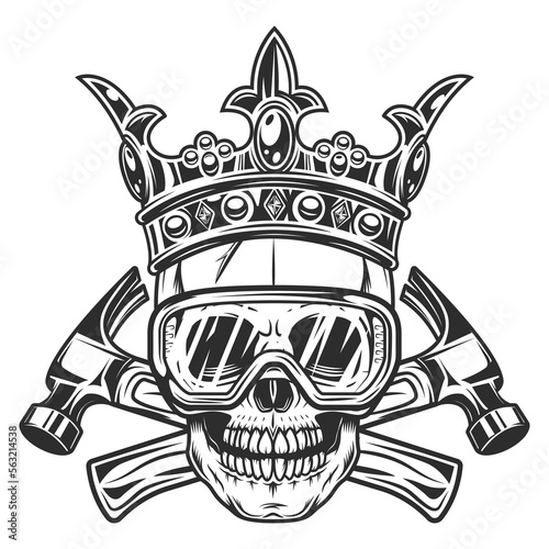 Business builder crossed hammers from new construction and remodeling house with half skull in royal crown and safety glasses illustration