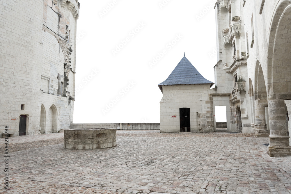 Isolated PNG cutout of a French medieval castle courtyard on a transparent background, ideal for photobashing, matte-painting, concept art