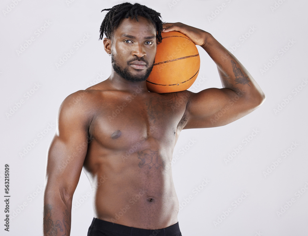 Basketball, black man and sports portrait and body with ball for fitness training and exercise. Athlete person with strong muscle to train, workout and competition for health and wellness motivation Basketball, black man and sports portrait and body with ball for fitness training and exercise. Athlete person with strong muscle to train, workout and competition for health and wellness motivation