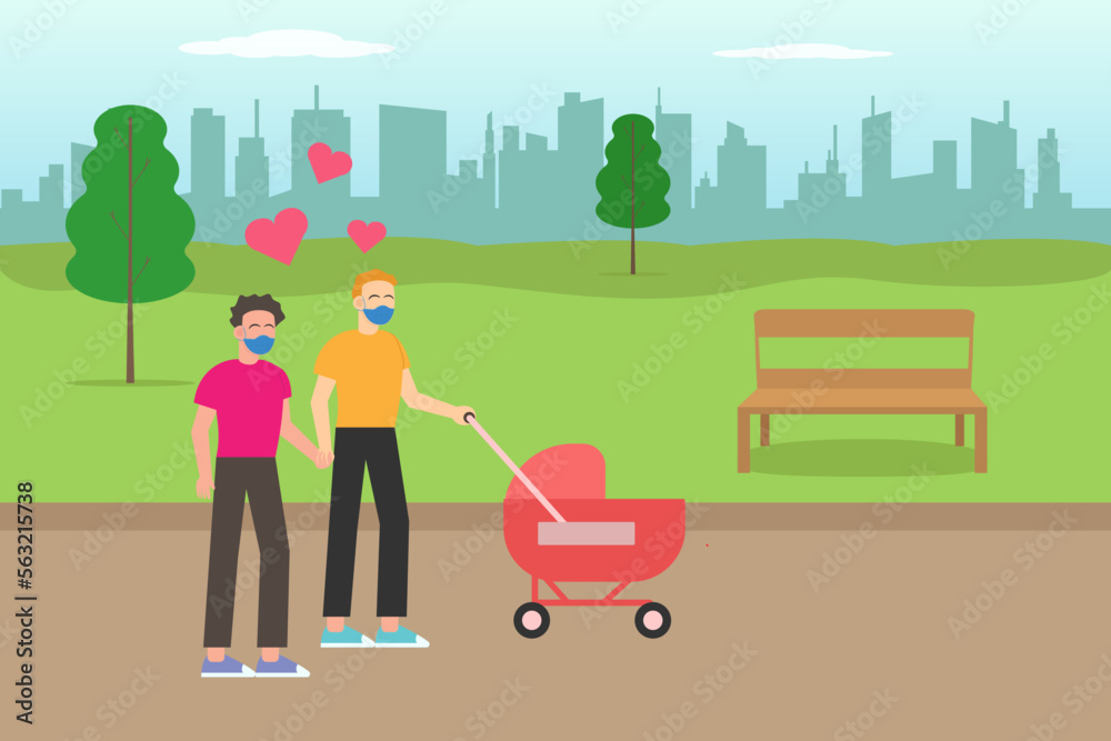Gay couple walking in the park with their baby Gay couple walking in the park with their baby