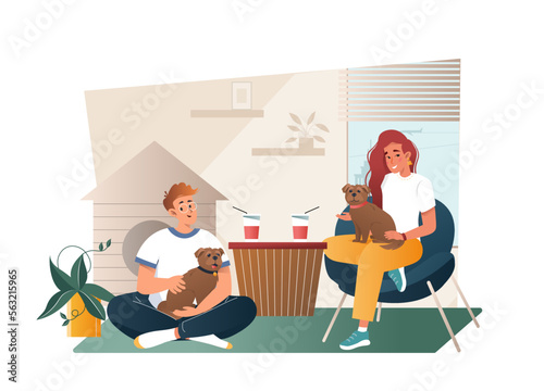 Dog-friendly city isolated cartoon vector illustration. Dog-friendly restaurant and cafe, animals care, pet-friendly service. Cute cozy pet-friendly coffee shop with funny dogs and their owners 