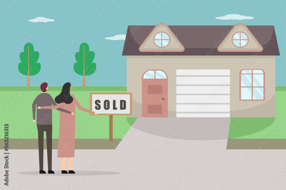 Rear view of couple looking at sold house Rear view of couple looking at sold house
