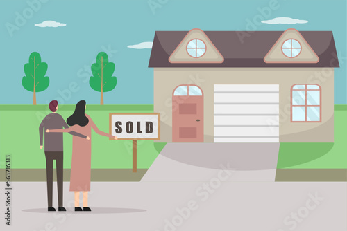 Rear view of couple looking at sold house