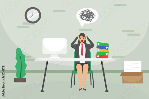 Stressful businesswoman working with computers, documents, and tangled line