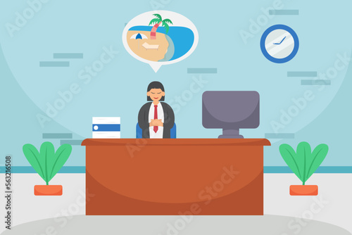 Woman working and dreaming about vacation on beach