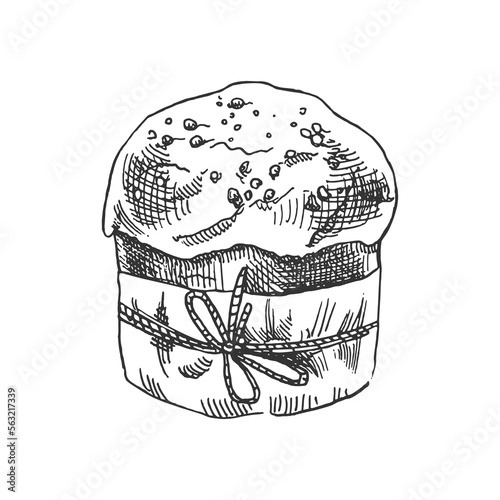 A hand-drawn sketch of sketch of the easter cake. Easter Holiday. Vector illustration. Rabbit with a bow in grass and flowers. Drawing isolated on white background. Vintage element.