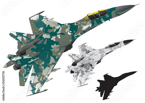 Green and gray camouflageed sukhoi SU-35 jet fighter plane illustration (wire frame and black silhouette set) photo