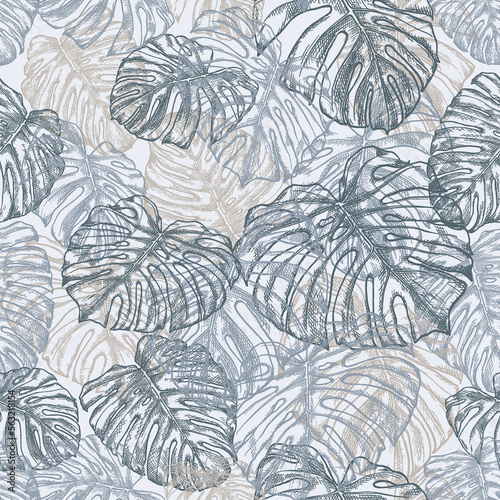 Botanical seamless pattern with leaves of tropical plants on light gray background. Pen and ink hand-drawn outlines. Vector image. Exotic plants in neutral colors. Jungle foliage illustration.
