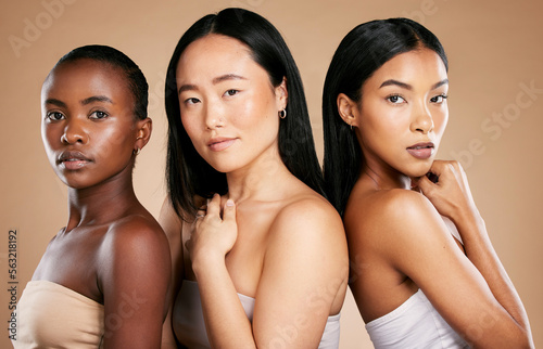 Skincare, diversity, and portrait of multicultural models with salon hair on studio background. Health, wellness and luxury cosmetics, healthy skin care and beautiful people, women in natural makeup