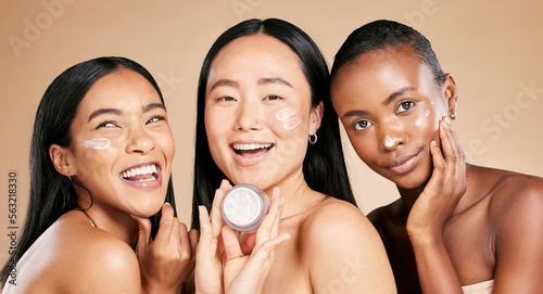 Beauty, face cream and portrait of friends in studio for wellness, grooming and hygiene on brown background. Women, skincare and lotion for girl group with different, facial and product or isolated photo