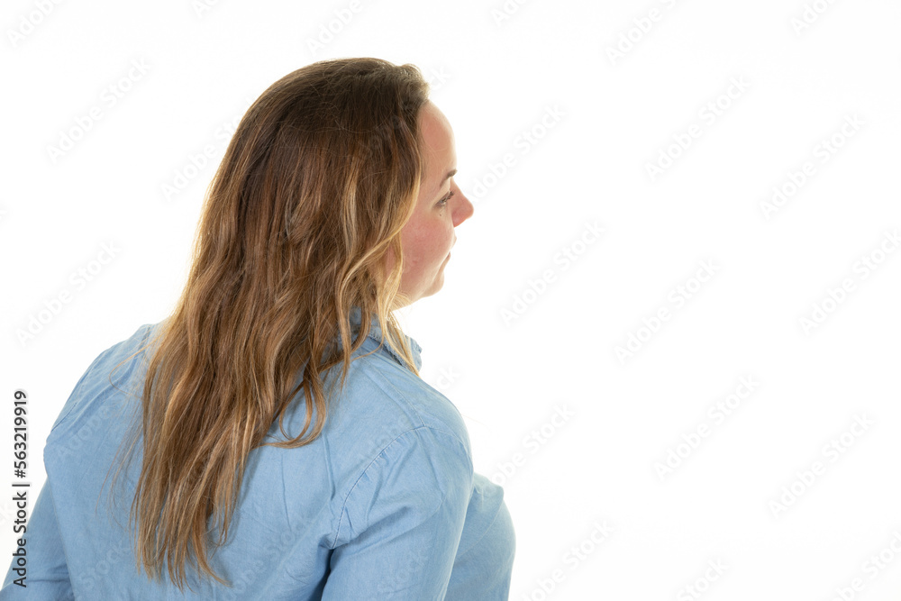Plus size behind model in blue shirt blonde chubby woman rear long hair on white background Plus size behind model in blue shirt blonde chubby woman rear long hair on white background