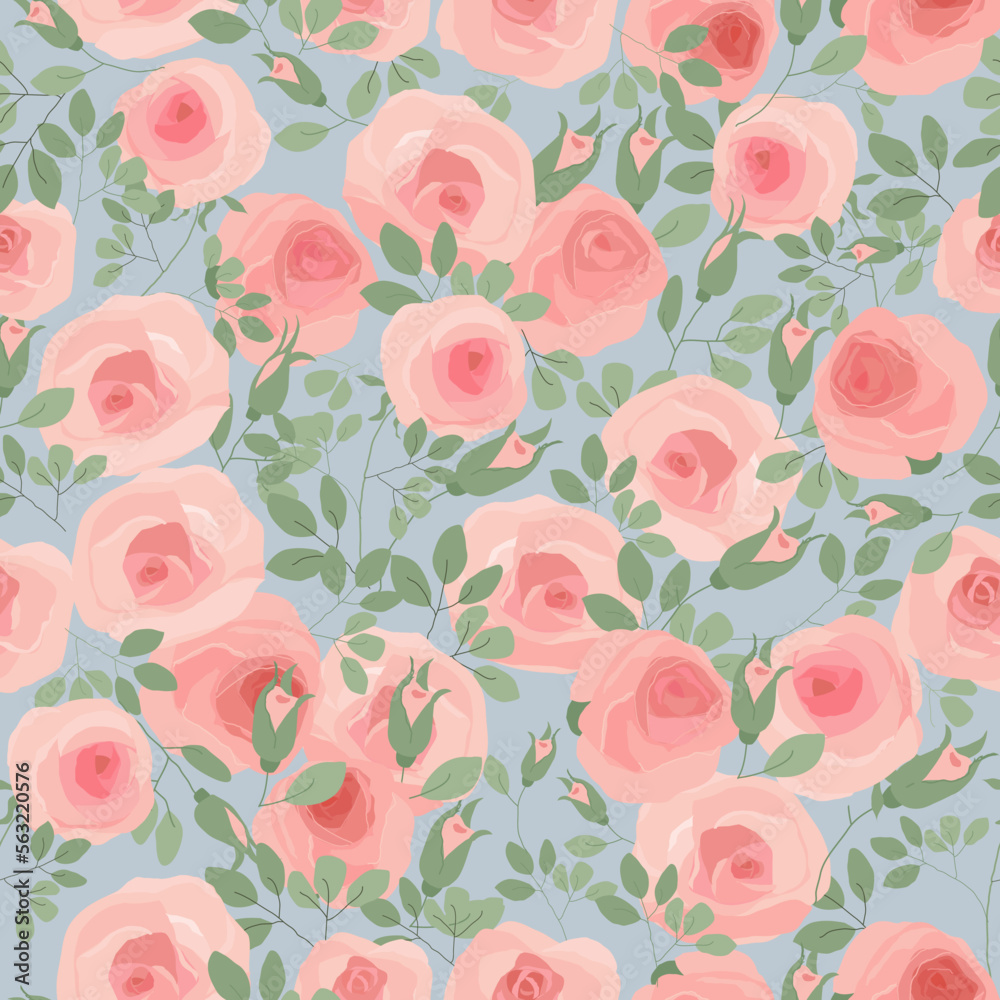Seamless Pattern with Pink Roses on Blue Background Seamless Pattern with Pink Roses on Blue Background