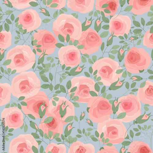Wallpaper Mural Seamless Pattern with Pink Roses on Blue Background Torontodigital.ca