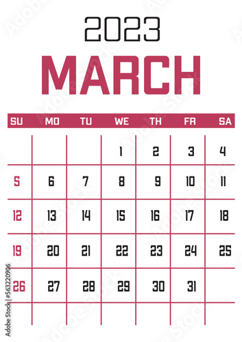 March 2023 calendar on white background