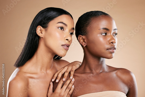 Skincare, beauty women and friends in studio for dermatology, makeup and cosmetics. Black people together for model skin inclusion, spa facial and face glow for wellness on a brown background