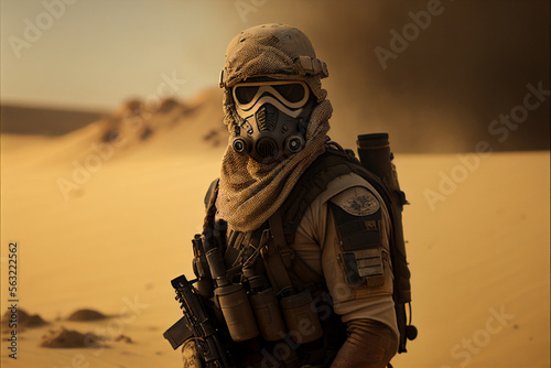 Soldier wearing a gas mask on a battlefield