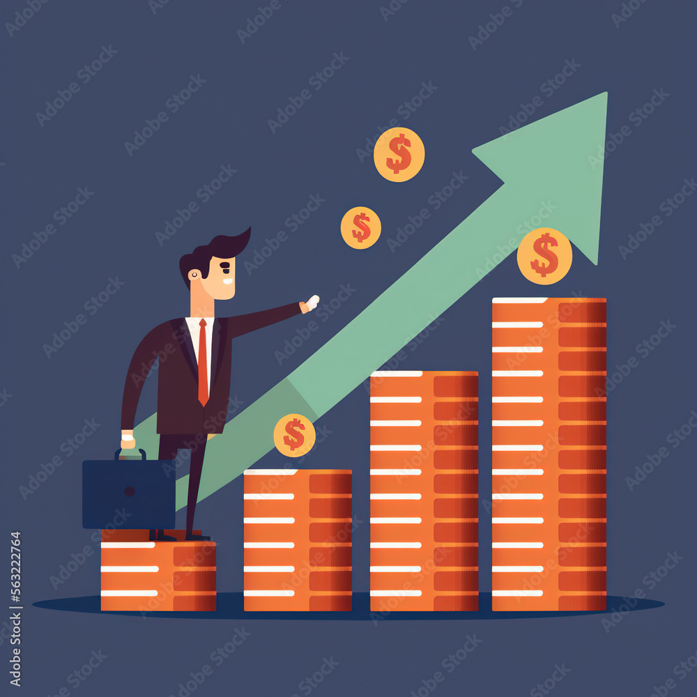 Businessman climbing money coins with up arrow and percentage symbol for financial banking increase interest rate investment dividend from business growth concept. Generative AI - obrazy, fototapety, plakaty 