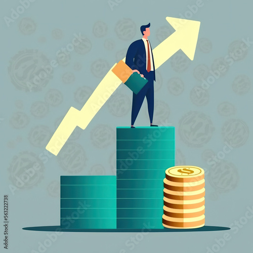 Businessman climbing money coins with up arrow and percentage symbol for financial banking increase interest rate investment dividend from business growth concept. Generative AI