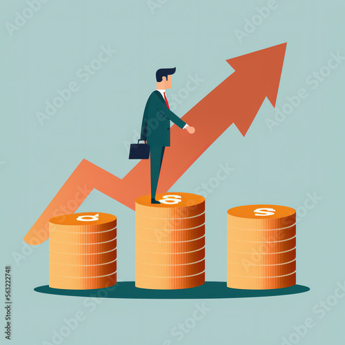 Businessman climbing money coins with up arrow and percentage symbol for financial banking increase interest rate investment dividend from business growth concept. Generative AI