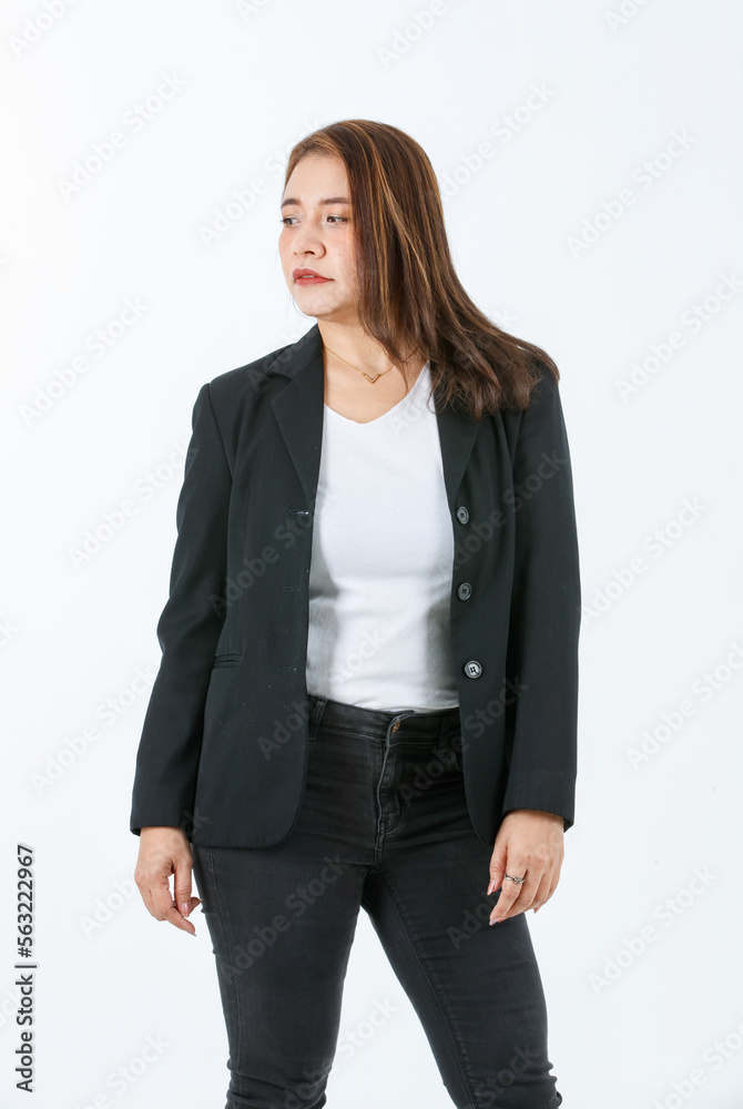 Portrait isolated cutout studio full body shot of Asian confident female professional successful businesswoman in formal black suit high heels standing post look at camera on white background Portrait isolated cutout studio full body shot of Asian confident female professional successful businesswoman in formal black suit high heels standing post look at camera on white background