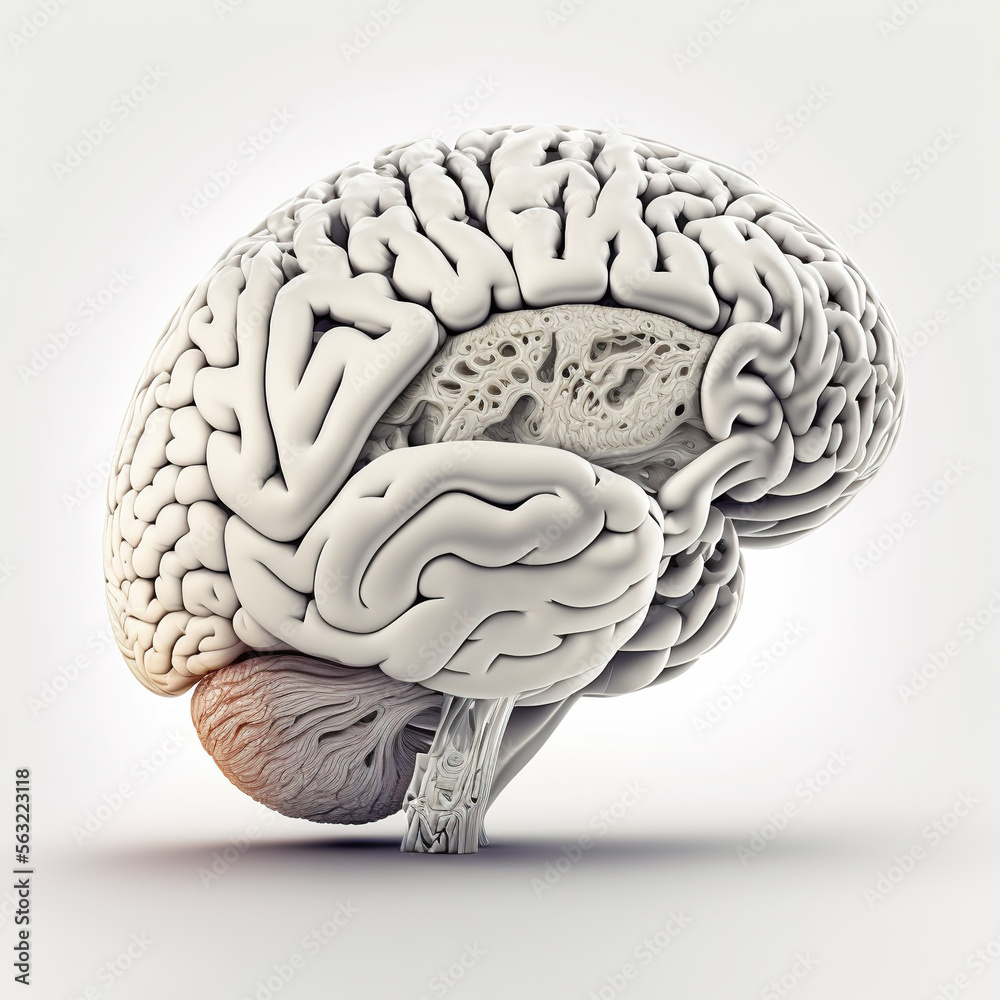 Anatomical illustration of the human brain on white background., Generative AI - obrazy, fototapety, plakaty 