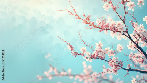 Beautiful cherry blossom or sakura tree branches on blue sky with copy space background in spring season. Illustration graphic design generative ai.