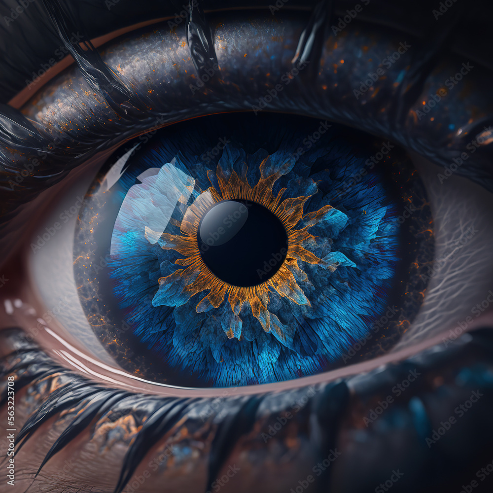 Human blue eye realistic beautiful closeup zoom, Generative AI. - obrazy, fototapety, plakaty 