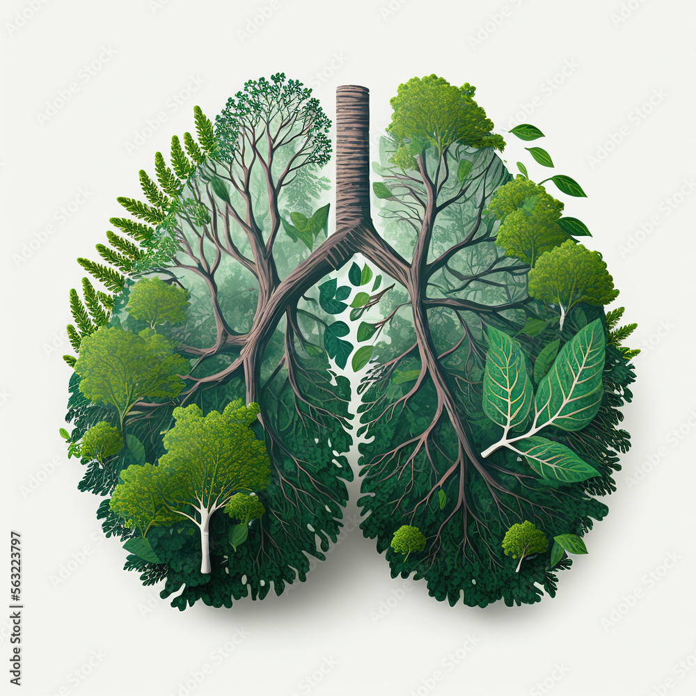 Abstract concept of healthy lungs. Fresh green lungs full of leaves. Clean lungs without lung pollution. Generative AI - obrazy, fototapety, plakaty 