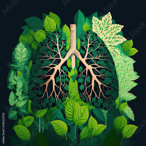 Abstract concept of healthy lungs. Fresh green lungs full of leaves. Clean lungs without lung pollution. Generative AI