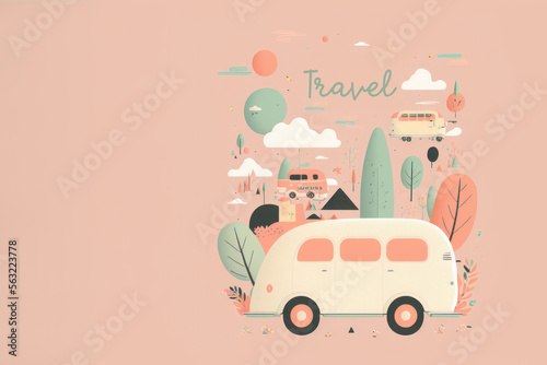Cute doodle travel holiday concept background pastel sweet color tone background. Banner ocard or backdrop.Illustration graphic design generative ai. © ant