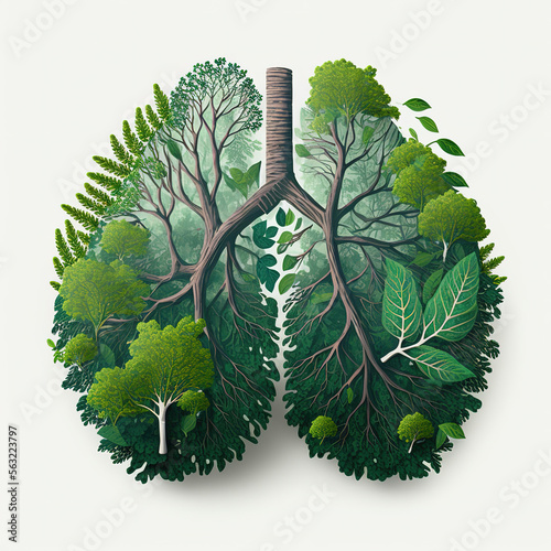 Abstract concept of healthy lungs. Fresh green lungs full of leaves. Clean lungs without lung pollution. Generative AI