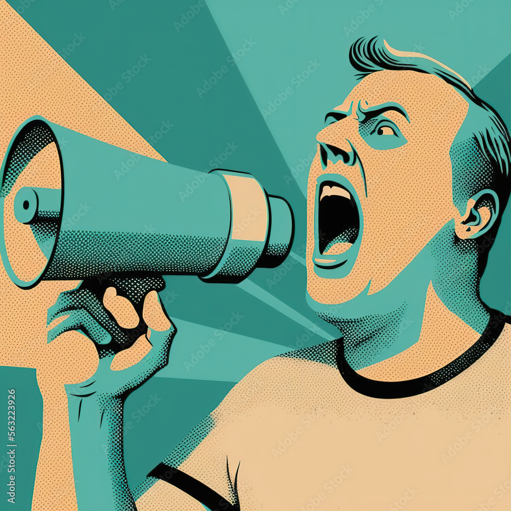 poster, illustration of a man screaming with megaphone. Generative AI - obrazy, fototapety, plakaty 