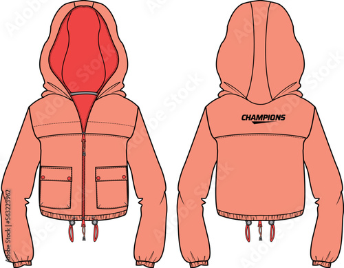 Women Lightweight Windcheater Hoodie jacket design flat sketch Illustration, Hooded windbreaker utility jacket with front and back view, wind jacket for girls and women. winter warm up top.