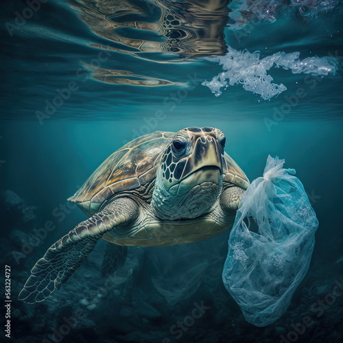Plastic pollution in ocean environmental problem. Turtle eat plastic bags mistaking them for jellyfish. Generative AI photo