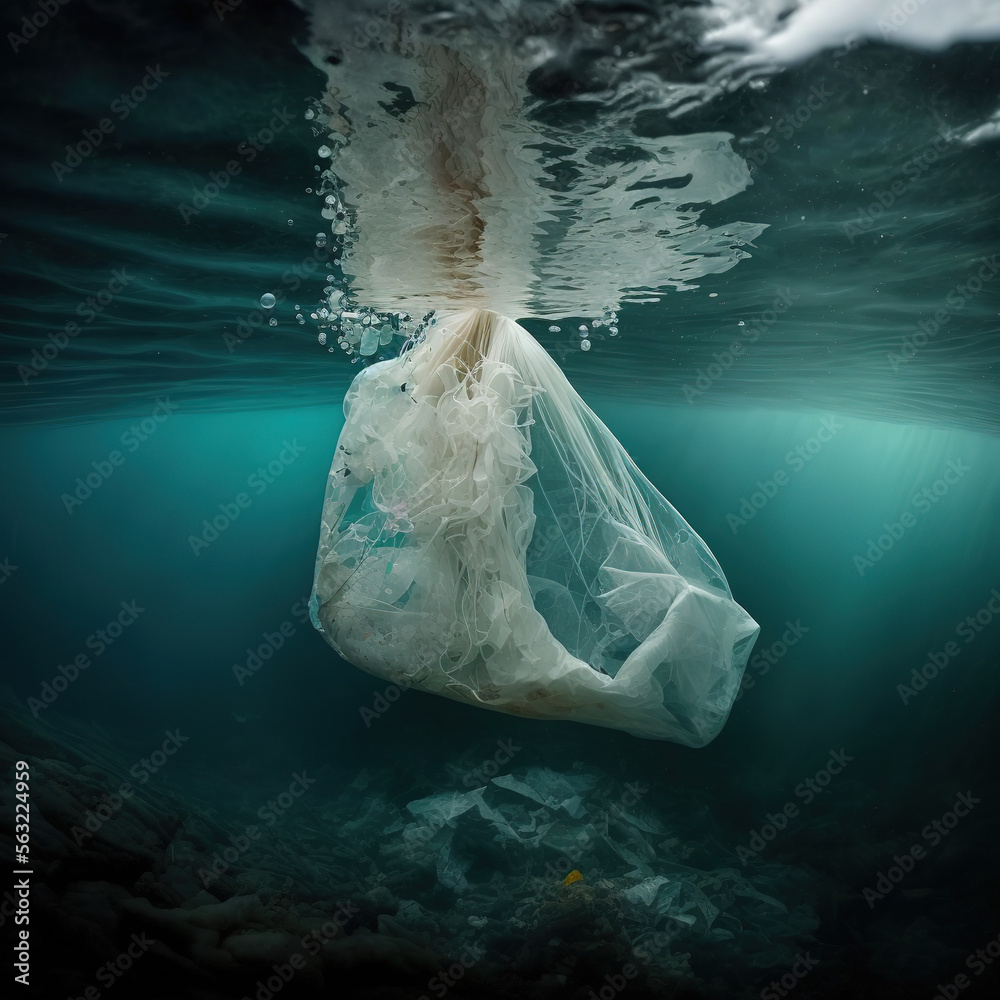 dirty plastic bags with garbage in the water, generative ai illustration - obrazy, fototapety, plakaty 